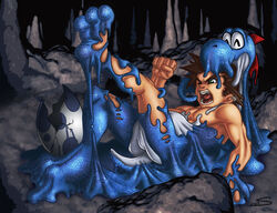  2007 anthro blue_body blue_yoshi broken_egg brown_hair cave digital_media_(artwork) egg forced forced_transformation glistening glistening_body goo_creature goo_transformation green_eyes hair human latex livingcostumes_(artist) male mammal mario_bros merging nintendo open_mouth raised_leg reptile resisting scalie shocked solo source_request stalagmite struggling symbiote tail thick_tail transformation what yoshi yoshi&#039;s_island yoshi_egg 