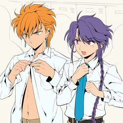  2boys adjusting_clothes belt braid buttoning buttons collared_shirt commentary_request dress_shirt dressing earrings fushigi_yuugi hair_over_shoulder jewelry locker locker_room long_hair male_focus mole mole_under_eye multiple_boys navel necktie nuriko_(fushigi_yuugi) open_mouth purple_eyes purple_hair shirt single_braid tasuki_(fushigi_yuugi) tetsukuzu_tetsuko white_shirt 