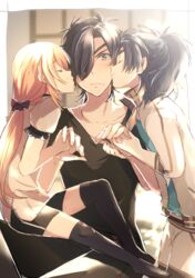  3boys black_hair black_thighhighs blonde_hair blue_hair blush boy_sandwich closed_eyes commentary_request double_cheek_kiss eyepatch feather_hair_ornament feathers hair_ornament holding_hands jacket kissing kissing_cheek long_hair male_focus midare_toushirou multiple_boys otoko_no_ko ponytail sandwiched shokudaikiri_mitsutada shorts sitting sitting_on_lap sitting_on_person smile taikogane_sadamune thighhighs touken_ranbu track_jacket ui_(majiwi) yaoi yellow_eyes 