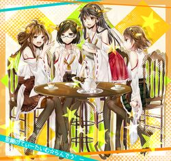  4girls ahoge bare_shoulders black_hair boots brown_hair commentary_request detached_sleeves double_bun glasses hair_bun hair_ornament hairband hairclip haruna_(kancolle) headgear hiei_(kancolle) japanese_clothes kantai_collection kirishima_(kancolle) kongou_(kancolle) long_hair multiple_girls noka_(blackheart1118) nontraditional_miko open_mouth pantyhose pout ribbon-trimmed_sleeves ribbon_trim short_hair star_(symbol) tea tears thigh_boots thighhighs 