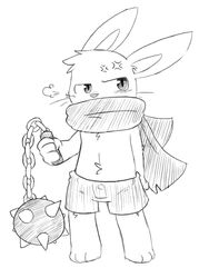  3_toes 4_fingers angry anthro barefoot biped black_and_white bottomwear clothed clothing cross-popping_vein feet fingers flail front_view holding_object holding_weapon lagomorph leporid long_ears looking_aside mammal melee_weapon monochrome oob rabbit scarf shorts simple_background solo toes toony topless vein weapon white_background 