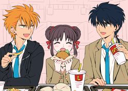  2boys black_hair bow brown_eyes brown_hair burger cardigan closed_eyes commentary_request cup drinking_straw eating fast_food female food french_fries fushigi_yuugi grey_eyes hair_ribbon heart long_hair mcdonald&#039;s multiple_boys necktie oerba_yun_fang open_mouth orange_hair ribbon school_uniform short_hair tamahome_(fushigi_yuugi) tasuki_(fushigi_yuugi) tetsukuzu_tetsuko yuuki_miaka 