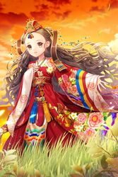  braid brown_eyes brown_hair commentary double_bun female grass hair_bun hwalot jokduri korean_clothes long_hair original outdoors saban sky solo sunset symbol-only_commentary 