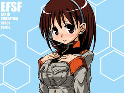  blush breasts brown_eyes brown_hair female gundam gundam_lost_war_chronicles headset hirowa_nagi large_breasts military_uniform noel_anderson solo uniform upper_body 