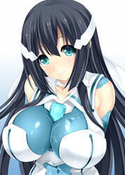  aqua_eyes bad_id bad_pixiv_id black_hair bodysuit breasts commentary_request female highres large_breasts light_smile long_hair looking_at_viewer magical_girl nanakorobi_yaoki shiny_clothes solo tougou_mimori yuuki_yuuna_wa_yuusha_de_aru yuusha_de_aru 