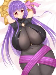  arms_up bare_shoulders bed breasts collar fate/extra fate/extra_ccc fate/grand_order fate_(series) female female gauntlets hair_ornament hair_ribbon huge_breasts leotard long_hair looking_at_viewer lying navel no_panties noeomi o-ring on_back pantyhose passion_lip plump purple_hair red_eyes ribbon solo weapon wide_hips 