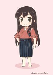  akagi_(kancolle) brown_hair commentary_request cosplay female hakama hakama_skirt highres houshou_(kancolle) houshou_(kancolle)_(cosplay) japanese_clothes kantai_collection kimono long_hair mae_(maesanpicture) skirt sleeves_rolled_up smile solo tasuki 