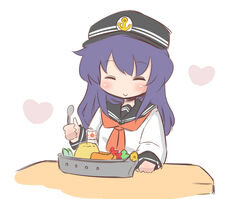  akatsuki_(kancolle) anchor_symbol closed_eyes commentary_request female flag flat_cap food hanomido hat kantai_collection long_hair long_sleeves neckerchief okosama_lunch purple_hair red_neckerchief school_uniform serafuku shrimp shrimp_tempura smile solo spoon tempura white_background 