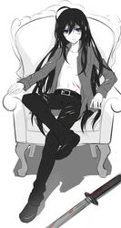  1boy ahoge althea_(sakiya0000) black_hair blood chair commentary_request crossed_legs hair_down injury long_hair male_focus monochrome namazuo_toushirou open_clothes open_shirt pants photoshop_(medium) purple_eyes shirt sitting solo spot_color sword torn_clothes torn_pants touken_ranbu very_long_hair wakizashi weapon 