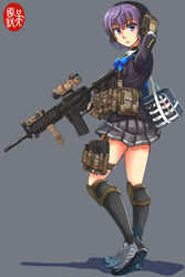  asato_miyo assault_rifle bag commentary female gloves gun headset highres holding holding_gun holding_weapon knee_pads kneehighs little_armory load_bearing_equipment m4_carbine ndtwofives purple_eyes purple_hair rifle school_bag school_uniform shoes short_hair simple_background sneakers socks weapon 