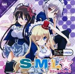  3girls ;) album_cover alpaca_hair_ornament animal_hair_ornament chocolat_(noucome) copyright_name cover hair_ornament highres index_finger_raised maid_headdress multiple_girls official_art one_eye_closed ore_no_nounai_sentakushi_ga_gakuen_love-comedy_wo_zenryoku_de_jama_shiteiru sheep_hair_ornament smile thighhighs yukihira_furano yuuouji_ouka 