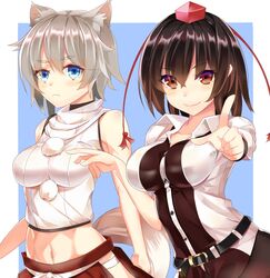  2girls animal_ears ashu bad_id bad_pixiv_id belt black_hair blue_eyes blush breasts brown_eyes hat impossible_clothes inubashiri_momiji large_breasts looking_at_viewer midriff multiple_girls navel shameimaru_aya short_hair smile tail tokin_hat touhou wolf_ears wolf_tail 