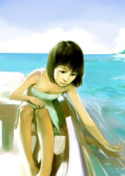  black_eyes black_hair blue_sky boat breasts cleavage cloud commentary_request day dress female horizon illidan legs_together light_smile lips ocean original outdoors photoshop_(medium) reflection ripples sitting sky small_breasts smile soaking_hands solo summer sundress tank_top water watercraft 