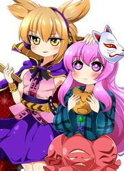  2girls bad_id bad_pixiv_id blonde_hair blush bracelet cape earmuffs fox_mask hand_on_another&#039;s_head hata_no_kokoro highres jewelry long_hair mask motsu_(selshia12) multiple_girls new_mask_of_hope pink_eyes pink_hair ritual_baton sleeveless touhou toyosatomimi_no_miko unmoving_pattern yellow_eyes 