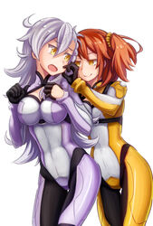  2girls ahoge bad_id bad_pixiv_id blush bodysuit braid breasts cheek_pinching commentary_request cosplay fate/grand_order fate_(series) fujimaru_ritsuka_(female) fujimaru_ritsuka_(female)_(chaldea_combat_uniform) fujimaru_ritsuka_(female)_(chaldea_combat_uniform)_(cosplay) garutaisa glaring grey_hair hair_ornament hair_scrunchie jitome large_breasts long_hair multiple_girls official_alternate_costume olga_marie_animusphere one_side_up open_mouth orange_eyes orange_hair pinching scrunchie short_hair side_ponytail skin_tight tears yellow_eyes yellow_scrunchie 