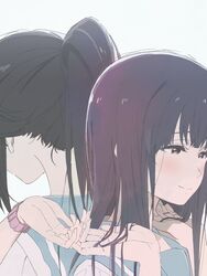  2girls back-to-back black_hair blush bracelet brown_eyes close-up commentary_request hibike!_euphonium highres interlocked_fingers jewelry kasaki_nozomi kitauji_high_school_uniform liz_to_aoi_tori long_hair multiple_girls ponytail purple_hair saitou_atsushi_(kamatamanankotu) school_uniform smile white_background yoroizuka_mizore yuri 