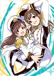  2girls blue_eyes brown_eyes brown_hair commentary_request epaulettes gustav_(telomere_na) hat holding_hands idolmaster idolmaster_cinderella_girls idolmaster_cinderella_girls_starlight_stage long_hair military military_hat military_uniform multiple_girls naval_uniform nitta_minami open_mouth peaked_cap seizon_honnou_valkyria_(idolmaster) smile suzaki_aya uniform voice_actor voice_actor_connection 