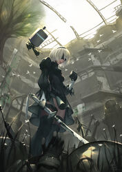  2b_(nier:automata) animal arm_at_side back_cutout bird black_blindfold black_dress black_footwear black_gloves black_hairband black_light black_ribbon black_thighhighs blindfold boots breasts broken cleavage_cutout clothing_cutout commentary covered_eyes cowboy_shot cube dated day dress drone feather-trimmed_sleeves feather_trim female floating from_below from_side gloves grass hair_over_eyes hairband hand_up highres holding holding_sword holding_weapon juliet_sleeves katana lips long_sleeves machinery medium_breasts nier:automata nier_(series) no_mole nose parted_lips pod_(nier:automata) post-apocalypse puffy_sleeves red_lips ribbon robot ruins short_hair side_slit signature solo sword tassel thigh_boots thighhighs tree turtleneck vambraces weapon white_hair 