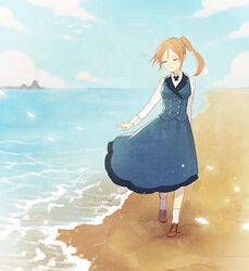  beach blue_dress brown_hair closed_eyes cloud commentary day dress female full_body long_hair nein_(album) outdoors ponytail saban sky smile solo sound_horizon texture water yurikago_(sound_horizon) 