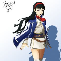  amagi_yukiko black_hair cloak company_connection cosplay dated dh_(brink_of_memories) female gloves highres isabeau_(megami_tensei) isabeau_(megami_tensei)_(cosplay) kneehighs long_hair nail_polish neckerchief persona persona_4 red_eyes shin_megami_tensei shin_megami_tensei_iv single_glove skirt socks solo 