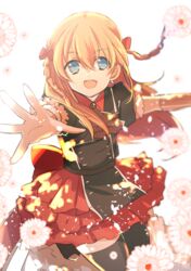  1boy :d ascot black_thighhighs blonde_hair blue_eyes blurry bow braid commentary_request depth_of_field dress flower hairbow long_hair male_focus midare_toushirou midare_toushirou_(kiwame) open_mouth otoko_no_ko outstretched_hand petals smile thighhighs touken_ranbu twin_braids ui_(majiwi) 