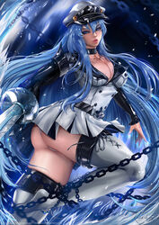  akame_ga_kill! ass blue_eyes blue_hair breasts chains choker cleavage clothes_lift collarbone commentary_request english_commentary esdeath female hair_between_eyes hat highres holding holding_sword holding_weapon ice javier_estrada large_breasts long_hair military military_uniform mixed-language_commentary panties panty_peek peaked_cap photoshop_(medium) sadism skirt skirt_lift solo sword tattoo thigh_strap thighhighs thighs turning_head underwear uniform weapon 