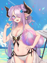  bad_id bad_pixiv_id ball beachball bespectacled bikini blue_eyes breasts cleavage collarbone double_bun draph earrings echj female glasses granblue_fantasy hair_bun hair_over_one_eye hand_on_own_hip highres holding holding_ball horns jewelry large_breasts long_hair looking_at_viewer nail_polish narmaya_(granblue_fantasy) narmaya_(summer)_(granblue_fantasy) official_alternate_costume open_mouth pointy_ears purple_hair purple_nails solo standing starfish starfish_earrings swimsuit teeth white_bikini 