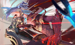  1boy battle female fighting highres league_of_legends mu_ye_jun riven_(league_of_legends) sword yasuo_(league_of_legends) 