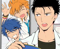  2boys 3boys black_hair blue_hair bracelet closed_eyes commentary_request earrings fushigi_yuugi grin jewelry koji_(fushigi_yuugi) lab_coat male_focus mitsukake_(fushigi_yuugi) multiple_boys oerba_yun_fang open_mouth orange_hair scar smile tasuki_(fushigi_yuugi) teeth tetsukuzu_tetsuko waving 