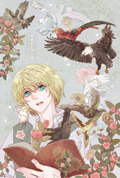  1boy animal animal_on_shoulder armin_arlert artist_name aruco bird blonde_hair blue_eyes book collared_shirt commentary_request dated eagle flower hexagram holding holding_book male_focus owl photoshop_(medium) plant rose shingeki_no_kyojin shirt solo star_(symbol) sunflower translation_request 