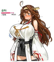  ahoge bare_shoulders breast_expansion breast_slider breasts brown_hair commentary_request embarrassed female grey_eyes hairband huge_breasts japanese_clothes kancolle_arcade kantai_collection kongou_(kancolle) long_hair nontraditional_miko sachito skirt solo sweat sweatdrop translation_request 