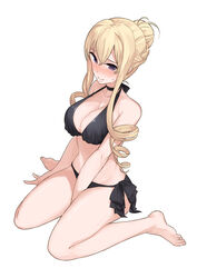  arm_support bad_id bad_pixiv_id bare_legs barefoot bertille_althusser between_legs bikini black_bikini blonde_hair blush breasts cleavage drill_hair female full-face_blush full_body fuyu_(fuyunomi) hair_bun hand_between_legs large_breasts legs long_hair purple_eyes shiny_skin side-tie_bikini_bottom simple_background single_hair_bun sitting solo strap_gap sweatdrop swimsuit walkure_romanze wariza white_background 