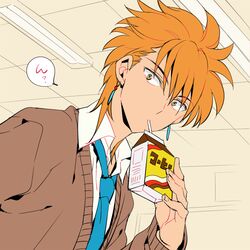  1boy cardigan commentary_request drinking drinking_straw earrings fushigi_yuugi jewelry juice_box looking_at_viewer male_focus necktie orange_hair school_uniform solo tasuki_(fushigi_yuugi) tetsukuzu_tetsuko 