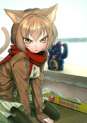  animal_ears bad_id bad_pixiv_id black_legwear brown_hair cat_ears cat_tail female koyoi_mitsuki koyuki_(koyuki_no_okotte_nado_inai!!) koyuki_no_okotte_nado_inai!! maneki-neko pantyhose personification scarf tail yellow_eyes 