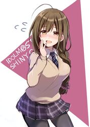  :d ahoge bad_id bad_twitter_id blush bow braid breasts brown_eyes brown_hair cardigan commentary copyright_name female flying_sweatdrops hair_between_eyes hair_over_shoulder hairbow hand_up idolmaster idolmaster_shiny_colors kuwayama_chiyuki large_breasts long_hair looking_at_viewer miniskirt necktie open_mouth pantyhose plaid plaid_skirt school_uniform single_braid skirt smile solo striped striped_necktie sweatdrop yellow_eyes yuukome_(tekunon) 