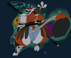  2017 anthro ass belly big_breasts big_butt breasts canid canine clothing costume female fox hair halloween holidays horn looking_back mammal obese obese_anthro obese_female odor overweight overweight_anthro overweight_female rear_view riis solo 