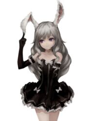  animal_ears bad_id bad_pixiv_id bare_shoulders black_dress black_gloves collarbone commentary_request covering_crotch covering_privates cowboy_shot dress elbow_gloves elin female gloves grey_hair gyup index_finger_raised long_hair looking_away looking_up purple_eyes rabbit_ears reaper_(tera_online) simple_background solo tera_online white_background 