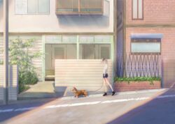  animal baseball_cap blonde_hair canine city commentary female flat_chest hat house kagumanikusu leash light_rays long_hair looking_down original pet_walking plant ponytail road scenery shade shorts street tatami walking 