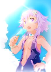  bangle blue_sky bracelet choker cloud cloudy_sky commentary_request d-pad d-pad_hair_ornament day female food hair_ornament hand_on_own_hip highres jacket jewelry looking_at_viewer navel neptune_(neptunia) neptune_(series) no_bra open_clothes open_jacket outdoors popsicle purple_eyes purple_hair segamark short_hair sky solo 