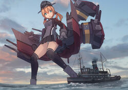  anchor_hair_ornament aqua_eyes black_skirt blonde_hair boat cloud cloudy_sky commentary_request cross female giant giantess gloves gun hair_ornament hat iron_cross kantai_collection kneehighs low_twintails machinery microskirt military military_hat military_uniform ocean peaked_cap photoshop_(medium) pleated_skirt prinz_eugen_(kancolle) rudder_footwear seo_tatsuya skirt sky socks solo steamboat tugboat turret twintails uniform watercraft weapon 