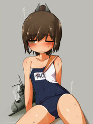  :| arms_behind_back bad_id bad_pixiv_id bare_shoulders blue_one-piece_swimsuit blush brown_eyes brown_hair closed_mouth covered_navel cowboy_shot crotch damaged dirty female flat_chest grey_background hair_ornament half-closed_eyes high_ponytail i-401_(kancolle) kantai_collection konohana_saku leaning_back off_shoulder one-piece_swimsuit one_eye_closed ponytail school_swimsuit school_uniform scrape serafuku shirt short_hair short_ponytail simple_background sitting sleeveless sleeveless_shirt solo spread_legs steam sweat swimsuit swimsuit_under_clothes tan tanlines torn_clothes torn_shirt torn_swimsuit wavy_mouth wet wet_clothes wince 