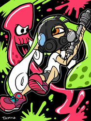  aerospray_(splatoon) bike_shorts commentary_request female gas_mask green_hair gun inkling inkling_girl inkling_player_character mask orange_eyes paint_splatter pointy_ears shirt shoes sneakers splatoon_(series) splatoon_1 squid t-shirt tama_2400 tentacle_hair weapon 