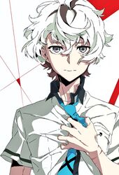  1boy agata_katsuhira blue_necktie brown_hair clutching_chest commentary_request jitome kiznaiver kuro_(clown_1221) looking_at_viewer male_focus multicolored_background multicolored_hair necktie official_art scar school_uniform solo streaked_hair two-tone_hair upper_body white_hair wind wind_lift 