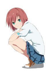  aqua_eyes breasts brown_hair female hokuto_(tokyo_ravens) shoes short_hair simple_background skirt smile tokyo_ravens 