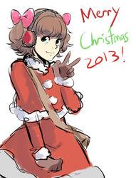  2013 absurdres bad_deviantart_id bad_id bag bow brown_gloves brown_hair capelet christmas earmuffs female gloves green_eyes hairbow highres merry_christmas original red_seiryu satchel short_hair smile solo v 