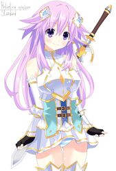  adult_neptune armor breastplate cowboy_shot female fingerless_gloves four_goddesses_online:_cyber_dimension_neptune gauntlets gloves hair_ornament helvetica_5tandard highres long long_hair looking_at_viewer neptune_(series) open_mouth pink_hair pleated_skirt purple_eyes purple_hair skirt smile solo striped sword thighhighs underwear weapon 