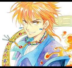  1boy agahari beads commentary_request earrings fire fushigi_yuugi grin jewelry looking_at_viewer male_focus necklace orange_eyes orange_hair prayer_beads smile solo tasuki_(fushigi_yuugi) teeth traditional_media upper_body 