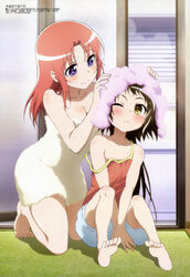  2girls ;( absurdres barefoot blush breasts brown_hair cleavage drying drying_hair feet highres kneeling legs long_hair magazine_scan medium_breasts megami_magazine mikakunin_de_shinkoukei mitsumine_mashiro multiple_girls official_art one_eye_closed purple_eyes red_hair scan short_hair shorts sitting smile soles strap_slip towel towel_on_head v_arms washing watanabe_yuuki yellow_eyes yonomori_kobeni 