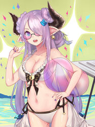  bad_id bad_pixiv_id ball beachball bespectacled bikini blue_eyes breasts cleavage collarbone double_bun draph earrings echj female glasses granblue_fantasy hair_bun hair_over_one_eye hand_on_own_hip highres holding holding_ball horns jewelry large_breasts long_hair looking_at_viewer nail_polish narmaya_(granblue_fantasy) narmaya_(summer)_(granblue_fantasy) official_alternate_costume open_mouth pointy_ears purple_hair purple_nails solo standing starfish starfish_earrings swimsuit teeth white_bikini 