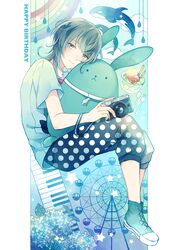  1boy blue_background blue_hair camera collar commentary dolphin ferris_wheel fork full_body happy_birthday high_tops instrument long_hair looking_at_viewer male_focus merchandise minazuki_rui parfait piano polka_dot polka_dot_pants rain shirt shoes short_sleeves sneakers solo spoon star_(symbol) stuffed_animal stuffed_rabbit stuffed_toy t-shirt tsukino_talent_production tsukiuta winniconan 